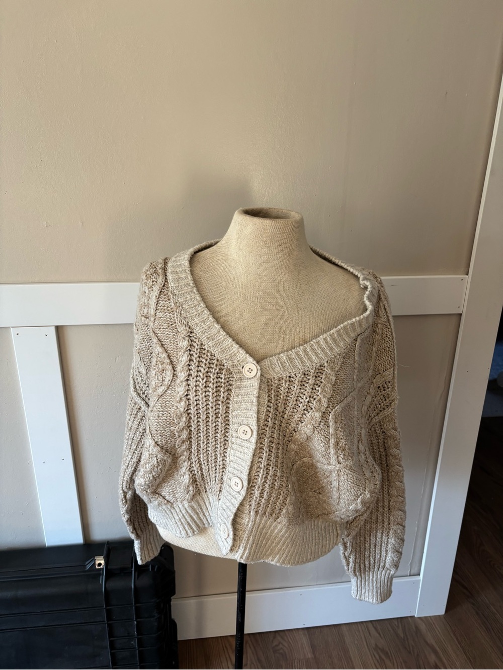 Neutral Cable-Knit Button Front Cardigan Sweater